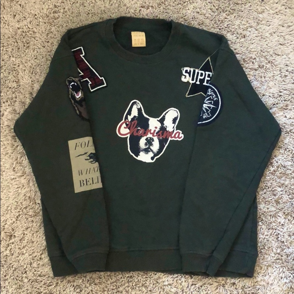 Zara Dark Green Crewneck Sweatshirt with Patches